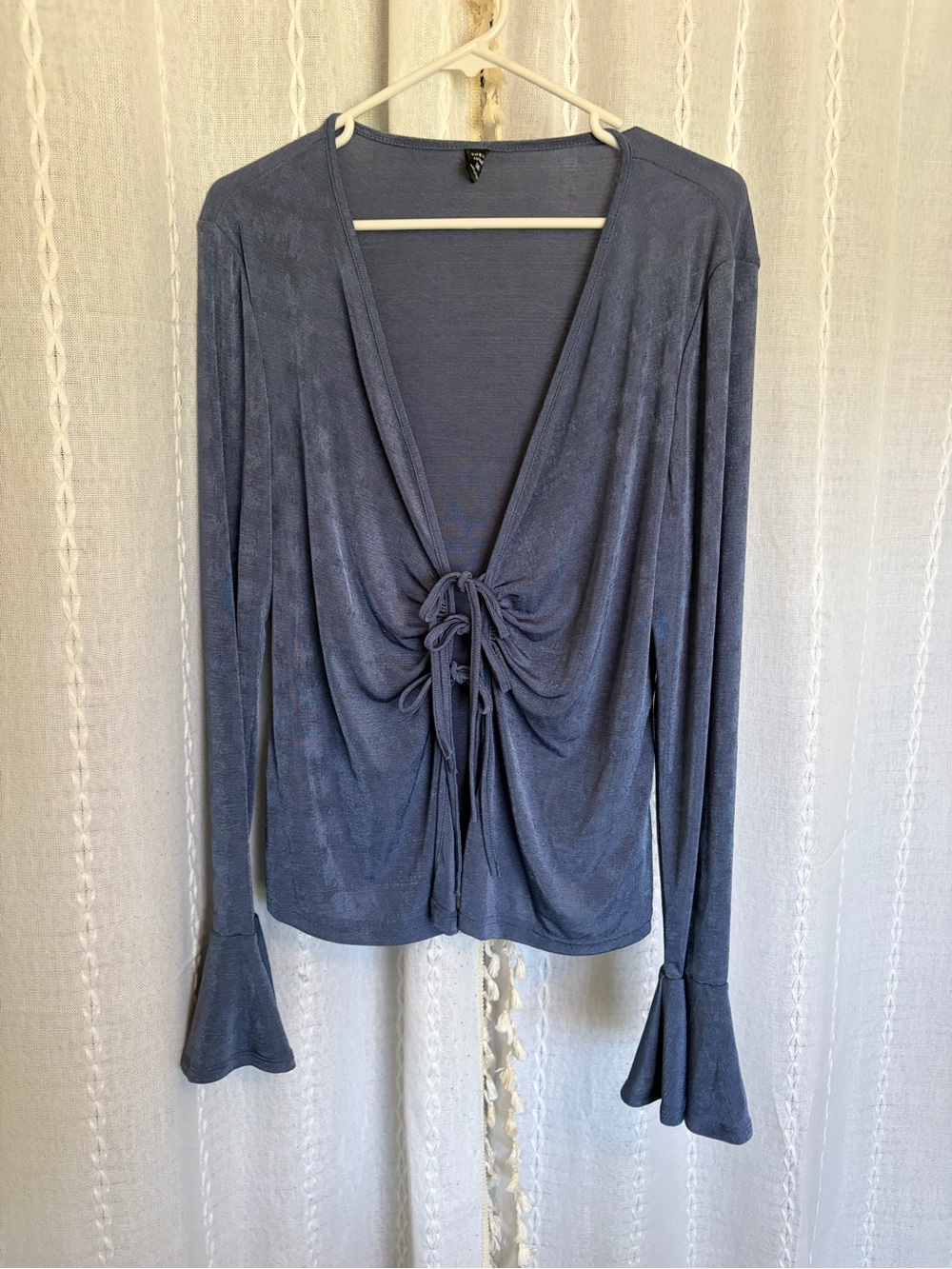 SHEIN Slate Blue Drawstring V-Neck Long Sleeve Top